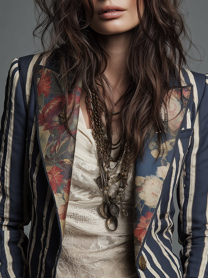 Cindy | Boho Blazer mit floralen Details und Streifen
