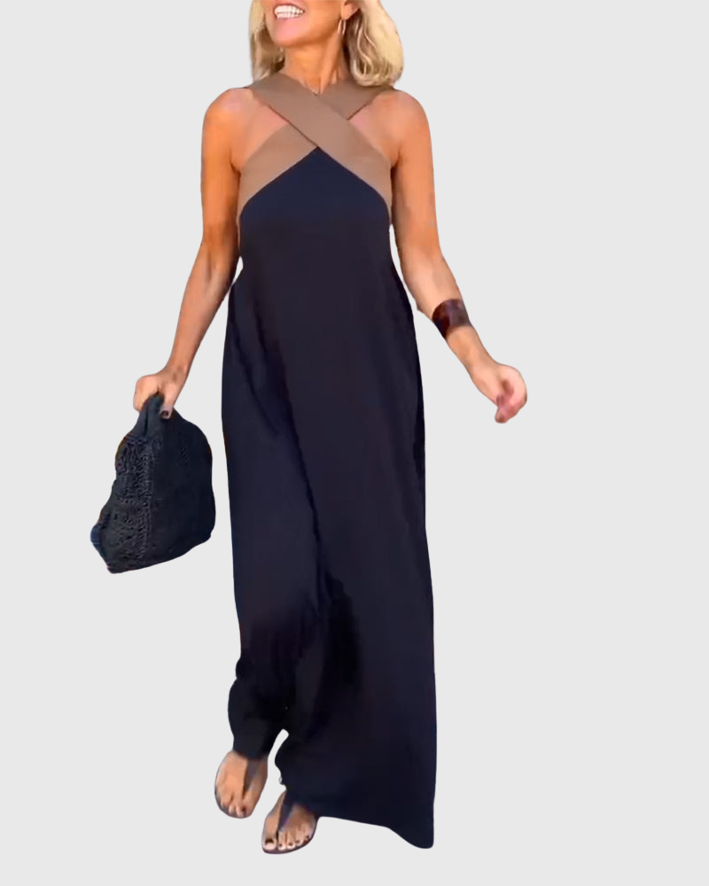 Cassy | Elegantes Crossover Halter Maxikleid Leichtes Schwarz