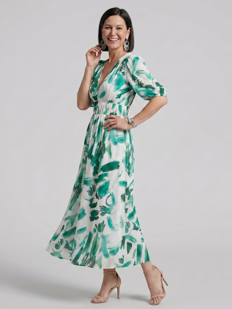 Candlia | Puffärmel V-Ausschnitt Midi Kleid mit abstraktem Druck