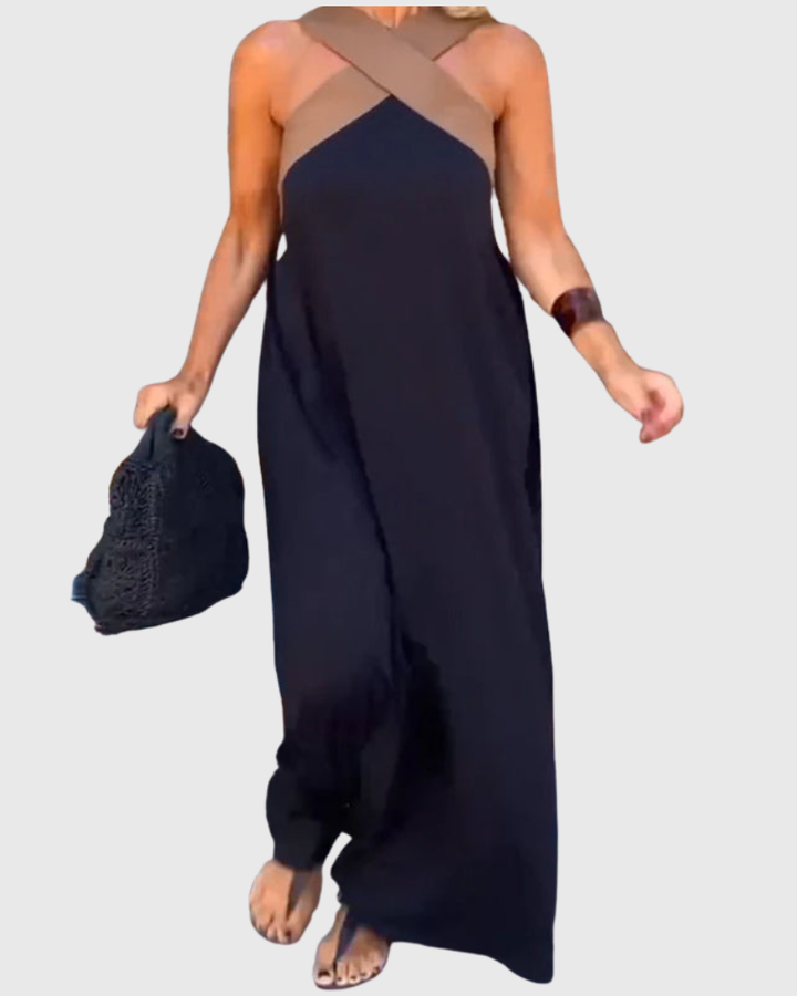 Cassy | Elegantes Crossover Halter Maxikleid Leichtes Schwarz