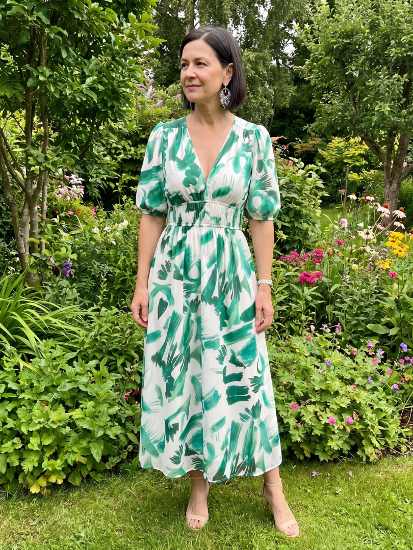 Candlia | Puffärmel V-Ausschnitt Midi Kleid mit abstraktem Druck
