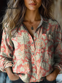 Angela | Damen Vintage Hübsches Floral Muster Kunst Druck Lässiges Langarm Bequemes Baumwollshirt