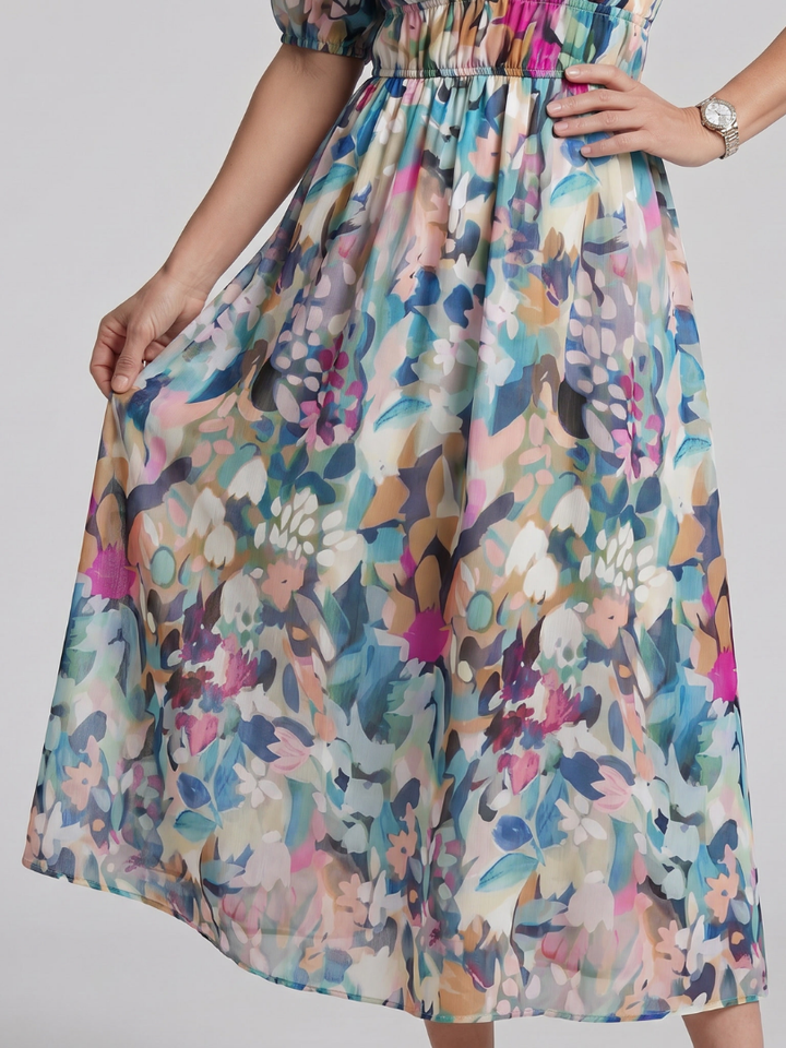 Candlia | Puffärmel V-Ausschnitt Midi Kleid mit abstraktem Druck