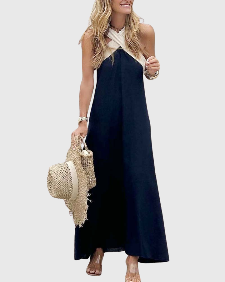 Cassy | Elegantes Crossover Halter Maxikleid Leichtes Schwarz