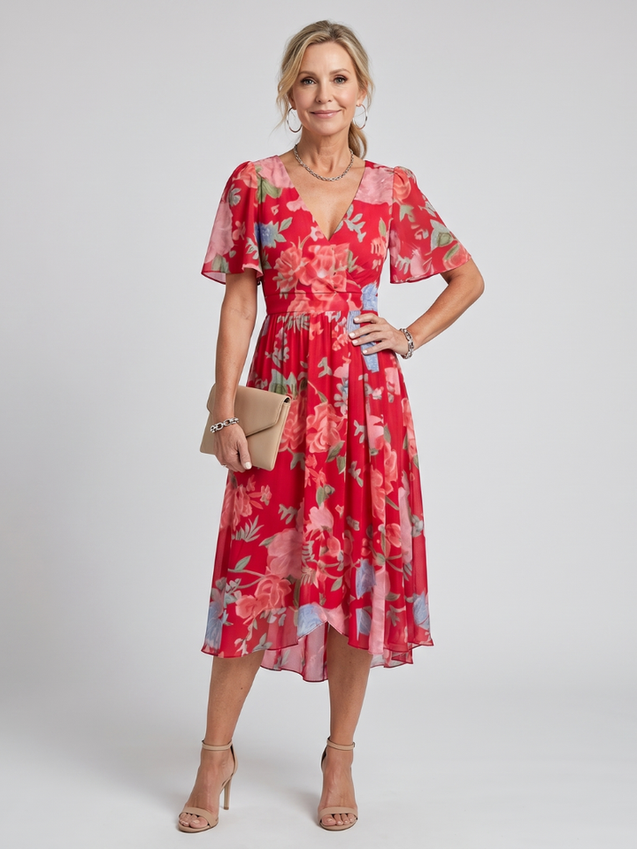 Mirabel | Kleid mit schwingenden Ärmeln und geraffter Taille im Blumenmuster
