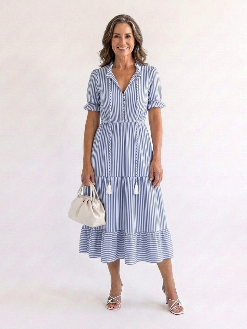 Dakota | Kurzärmeliges gestreiftes, geschichtetes Midikleid