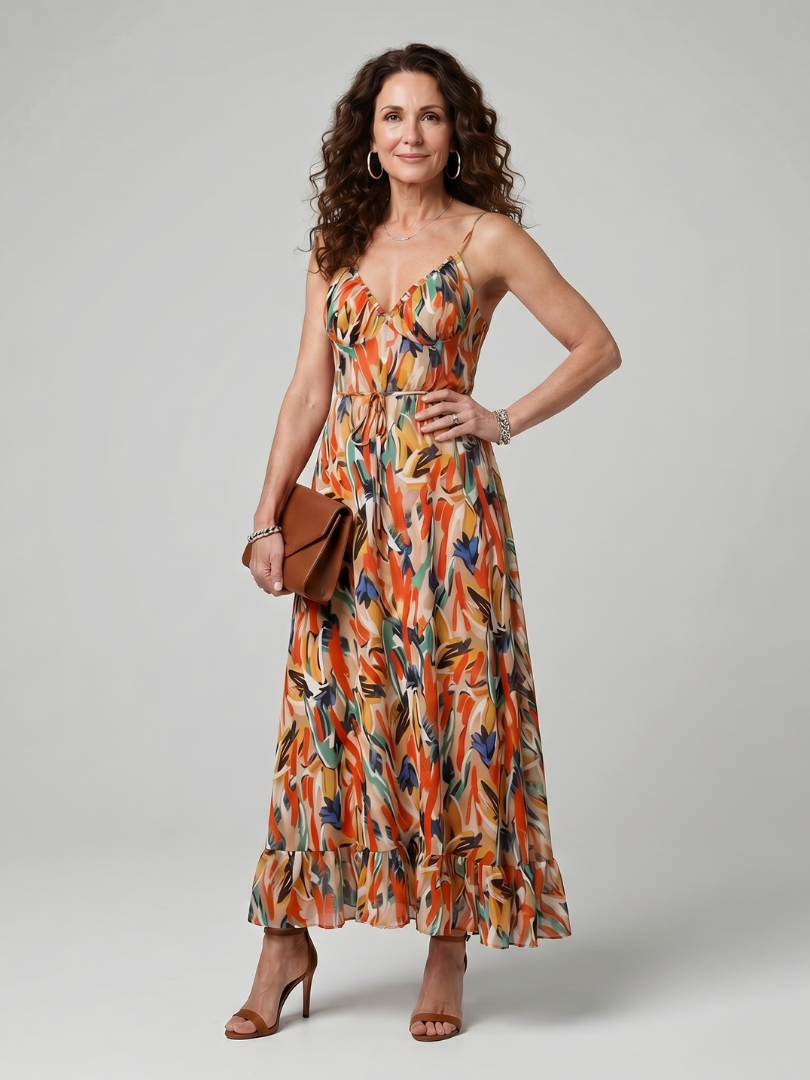 Quill | Spaghetti-Träger Midi-Kleid mit abstraktem Druck