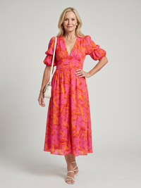 Zarelle | Puffärmel V-Ausschnitt Midi-Kleid mit kräftigem Blumenmuster