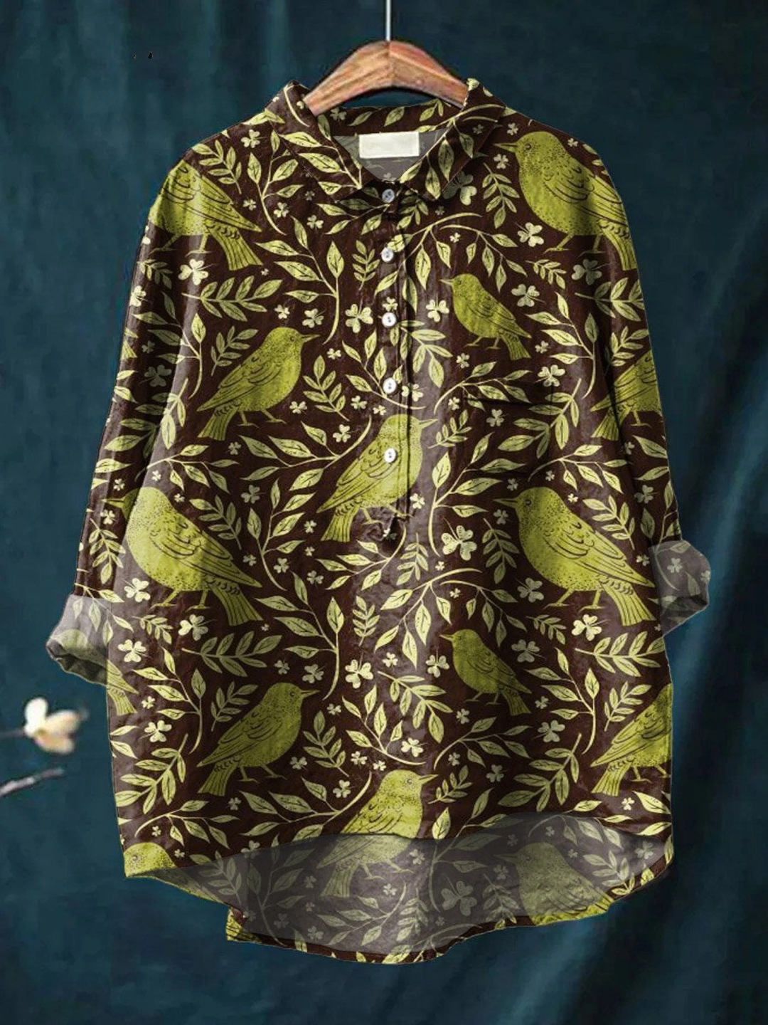 Nora | Damen Vintage Floral Vögel Kunstdruck Casual Shirt