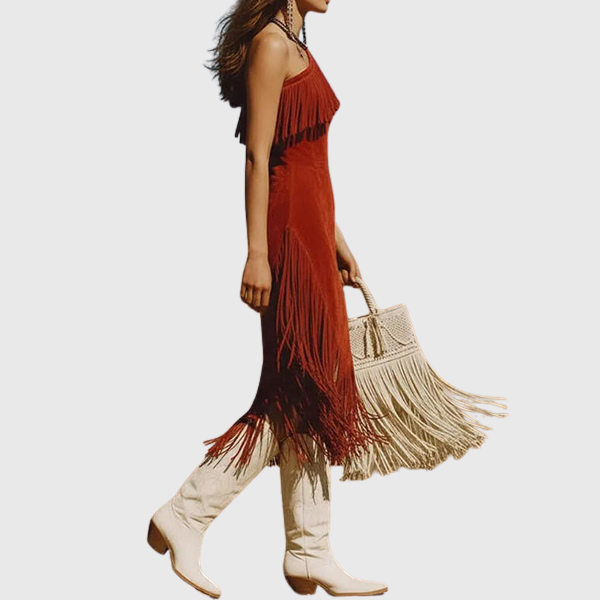Anika | Damen Western-Boho-One-Shoulder-Kleid mit Fransen – Asymmetrisches, tailliertes Midi-Kleid aus Kunstvelours