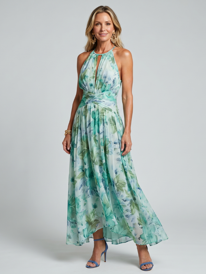 Portia | Faltendes Halter-Soft-Blumenmuster-Midi-Kleid