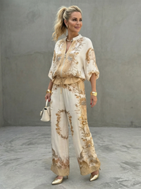 Indie | Zip-Front Blouson Top Bedrucktes Zweiteiliges Set