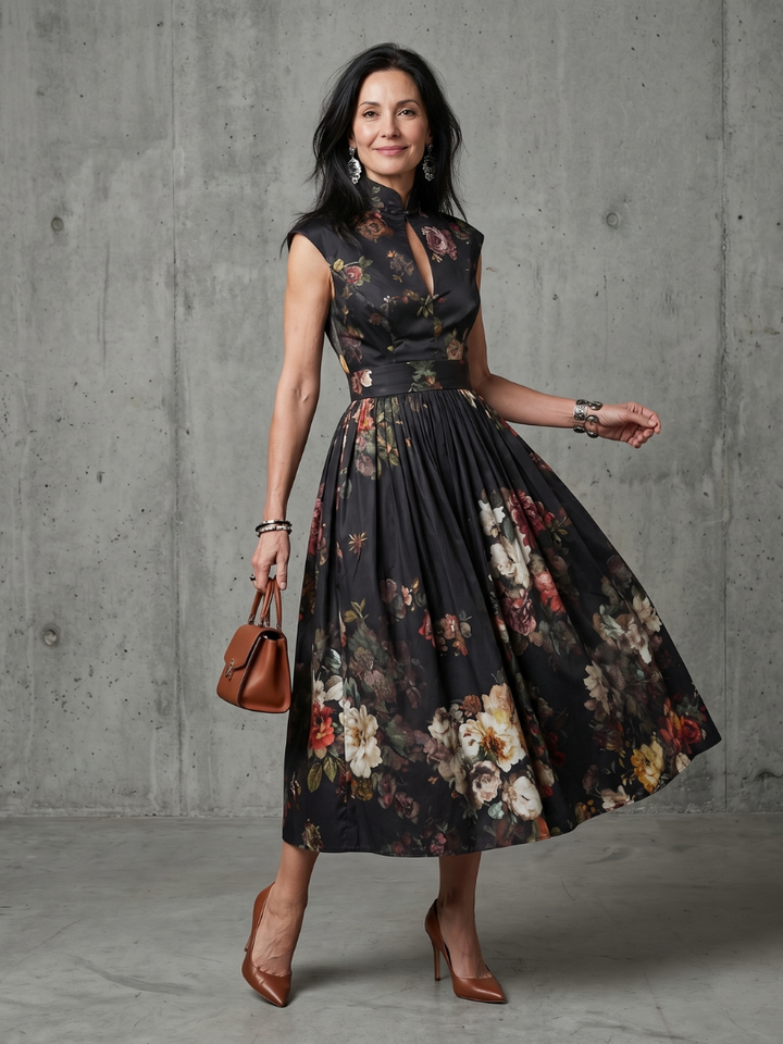 Greta | Hochgeschlossenes Schlüssel-Loch Blumengeplissertes Midi-Kleid
