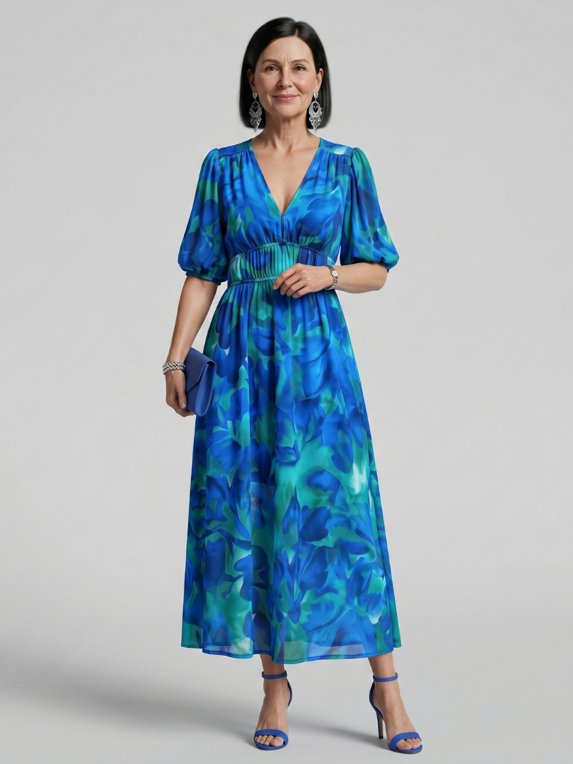 Candlia | Puffärmel V-Ausschnitt Midi Kleid mit abstraktem Druck