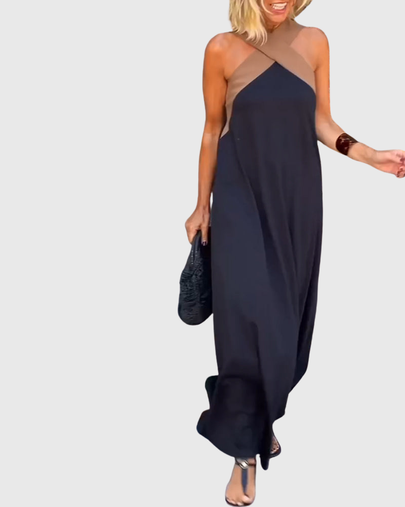 Cassy | Elegantes Crossover Halter Maxikleid Leichtes Schwarz