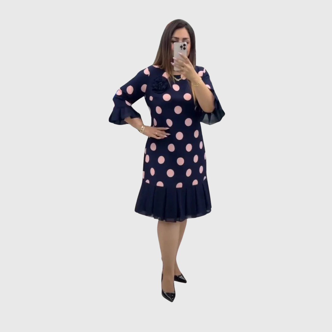 Odette | Weiches Polka Dot Kleid mit ausgestelltem Rüschensaum Navy Pink