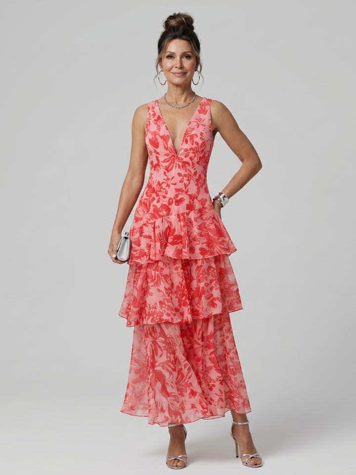 Gala | Tiefer V-Ausschnitt Ärmelloses Midi-Kleid mit malerischem Muster