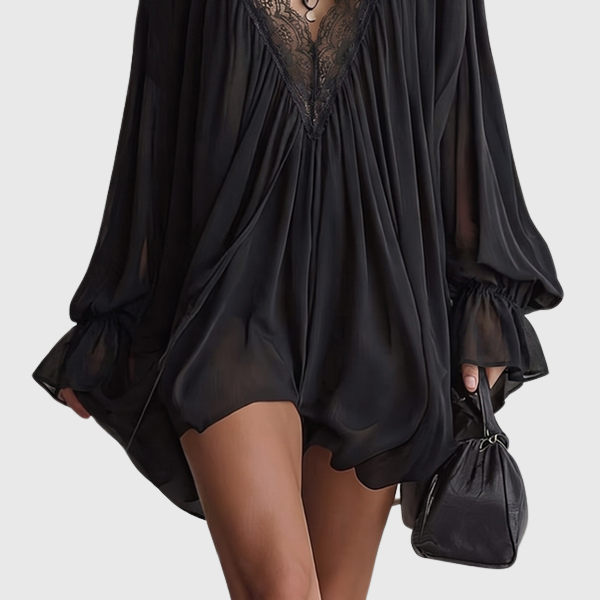 Beverly | Damen Boho Mini-Kleid aus schwarzem Chiffon