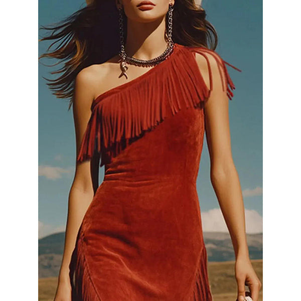 Anika | Damen Western-Boho-One-Shoulder-Kleid mit Fransen – Asymmetrisches, tailliertes Midi-Kleid aus Kunstvelours