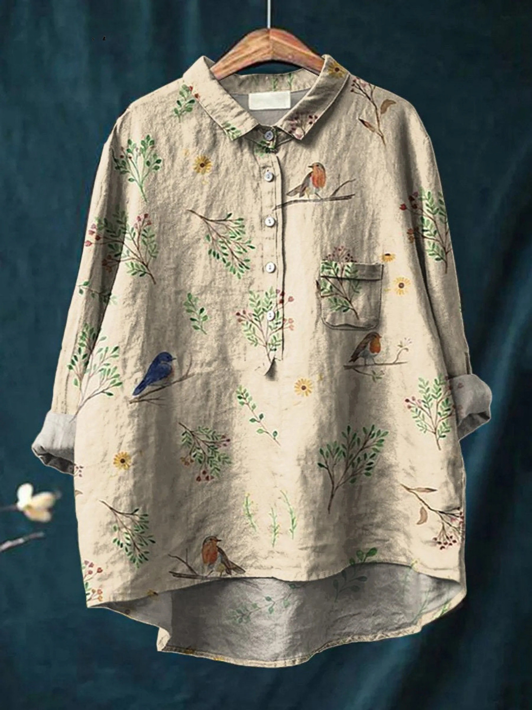 Lorelai | Bedruckte Damenbluse mit Ästen und Rotkehlchen-Muster
