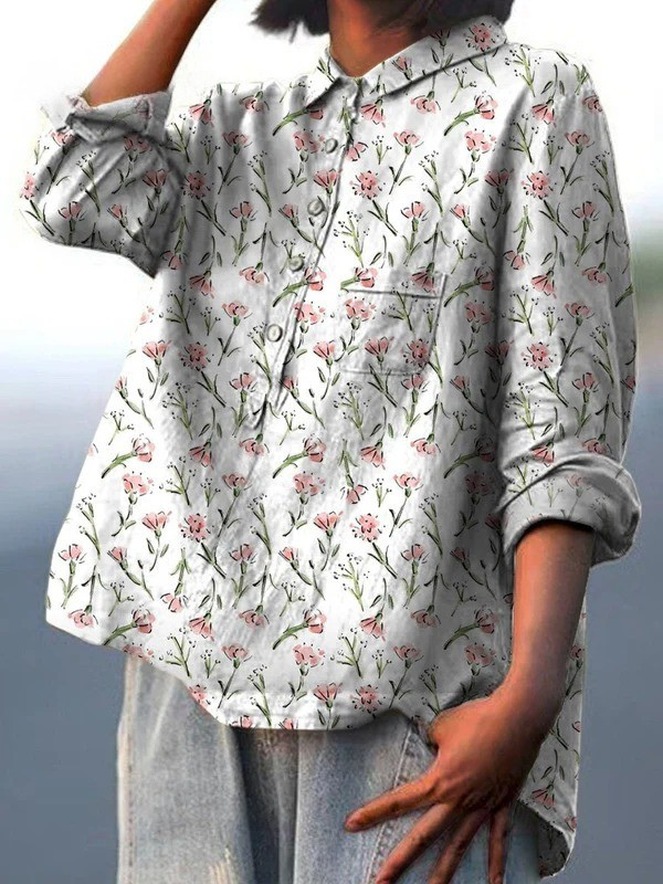 Hadley | Pink Frühlingsblumen-Muster Bedrucktes Damen-Casual-Shirt