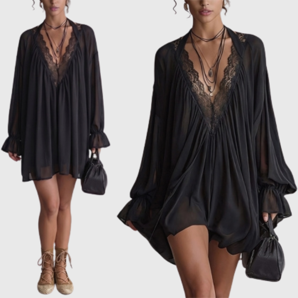 Beverly | Damen Boho Mini-Kleid aus schwarzem Chiffon