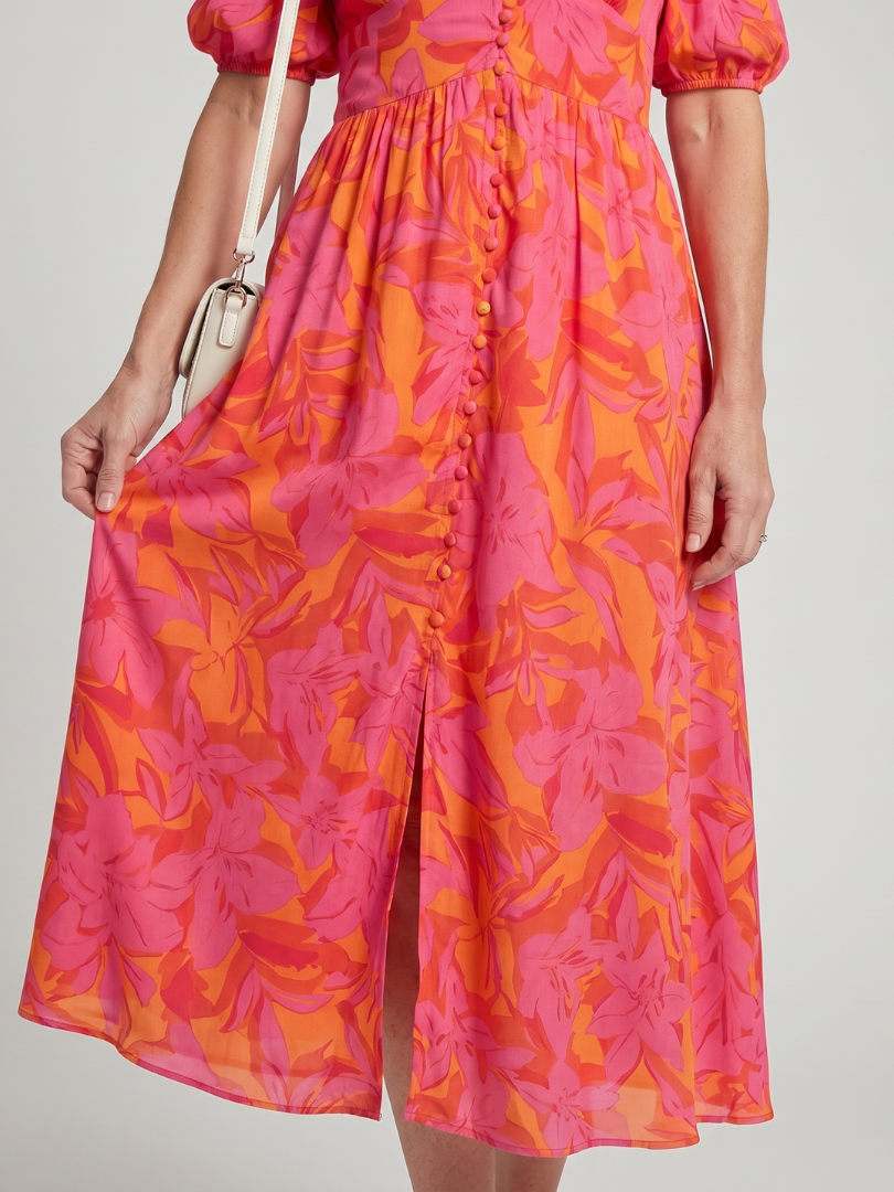 Zarelle | Puffärmel V-Ausschnitt Midi-Kleid mit kräftigem Blumenmuster
