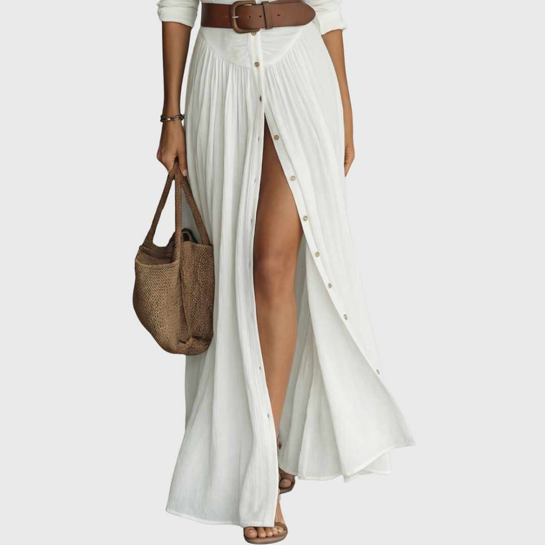 Wendy | Langes Maxi-Leinenkleid mit eingekerbtem Kragen und langen Ärmeln für Frauen
