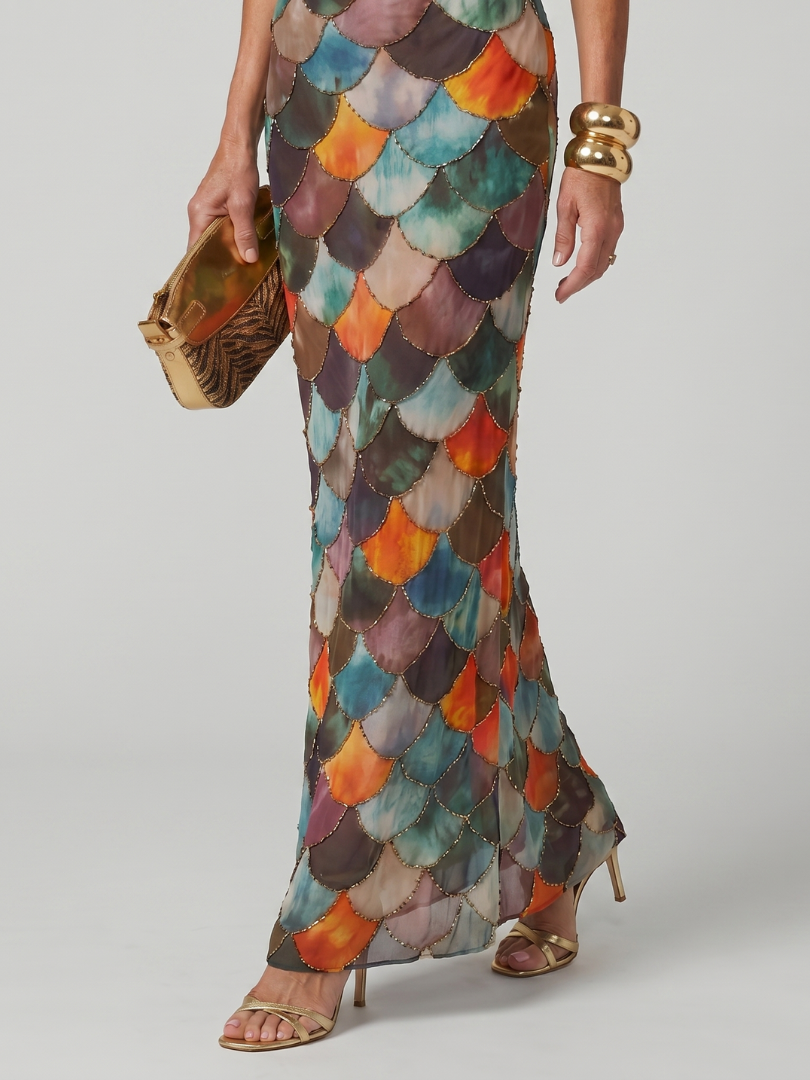 Larkin | Figurbetontes Maxikleid mit mehrfarbigem Schuppenmuster