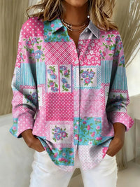 Abigail | Damen Vintage Rosa Blumen Patchwork Druck Freizeit Hemd