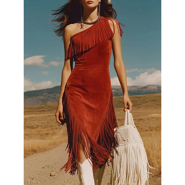 Anika | Damen Western-Boho-One-Shoulder-Kleid mit Fransen – Asymmetrisches, tailliertes Midi-Kleid aus Kunstvelours