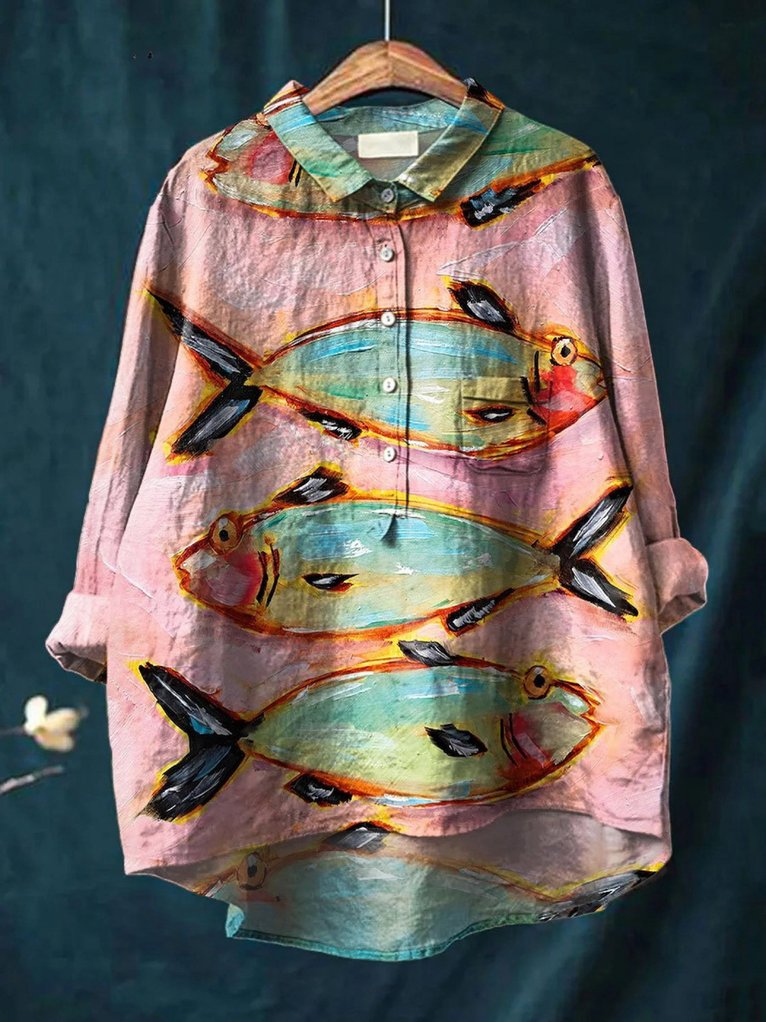 Blythe | Damen Vintage Fisch Kunstdruck Casual Shirt