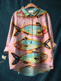 Blythe | Damen Vintage Fisch Kunstdruck Casual Shirt