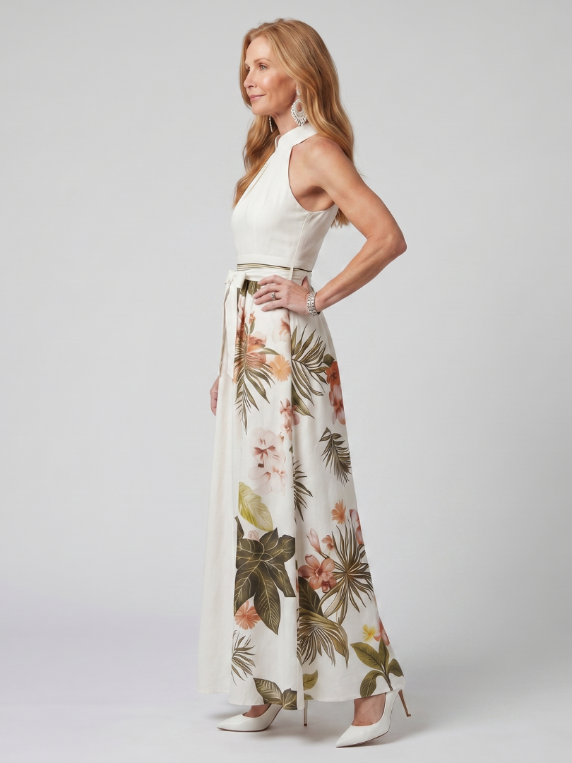 Wiese | Drapiertes Halfter Botanisches Panel Maxikleid