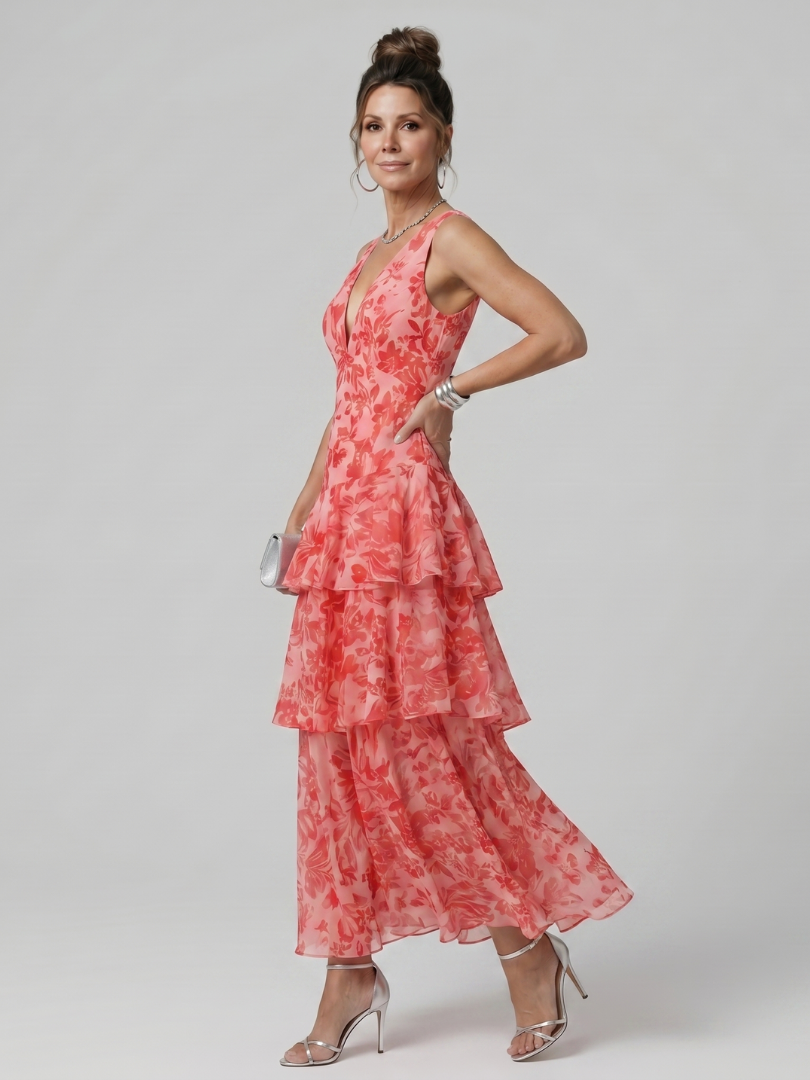 Gala | Tiefer V-Ausschnitt Ärmelloses Midi-Kleid mit malerischem Muster