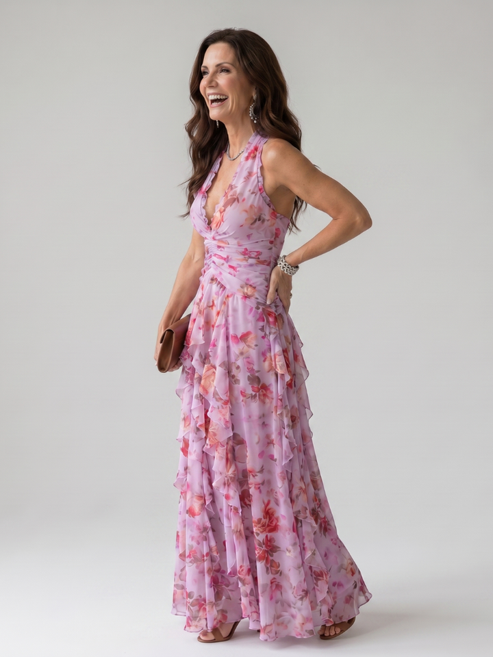 Nori | Halterneck-Rüschentop-Blumen-Maxikleid