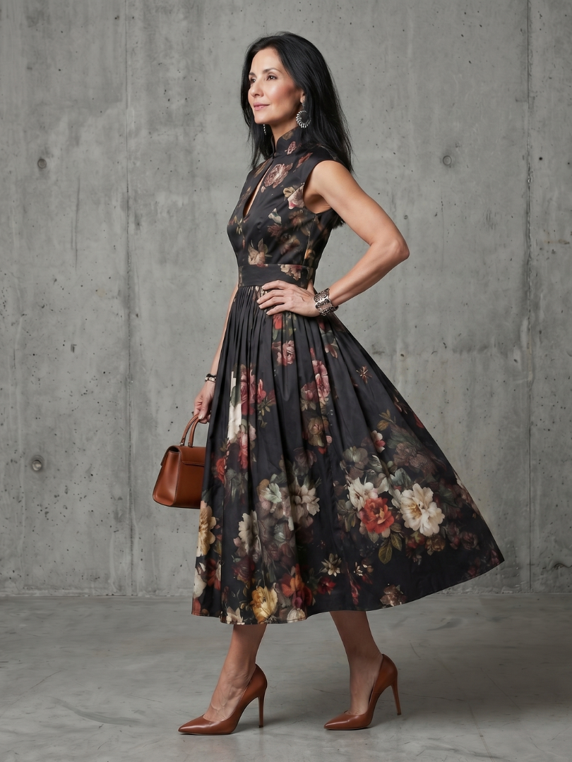 Greta | Hochgeschlossenes Schlüssel-Loch Blumengeplissertes Midi-Kleid
