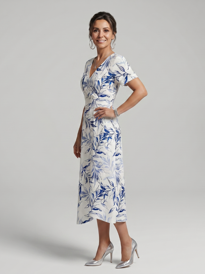 Kael | V-Ausschnitt Midi-Kleid mit sanftem botanischem Druck