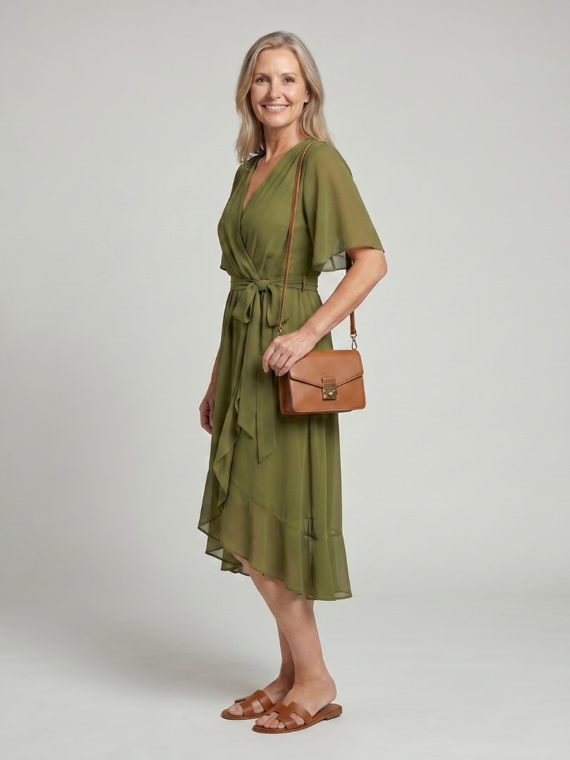 Keziah | Midi-Kleid mit kurzen Ärmeln und fliessendem Saum