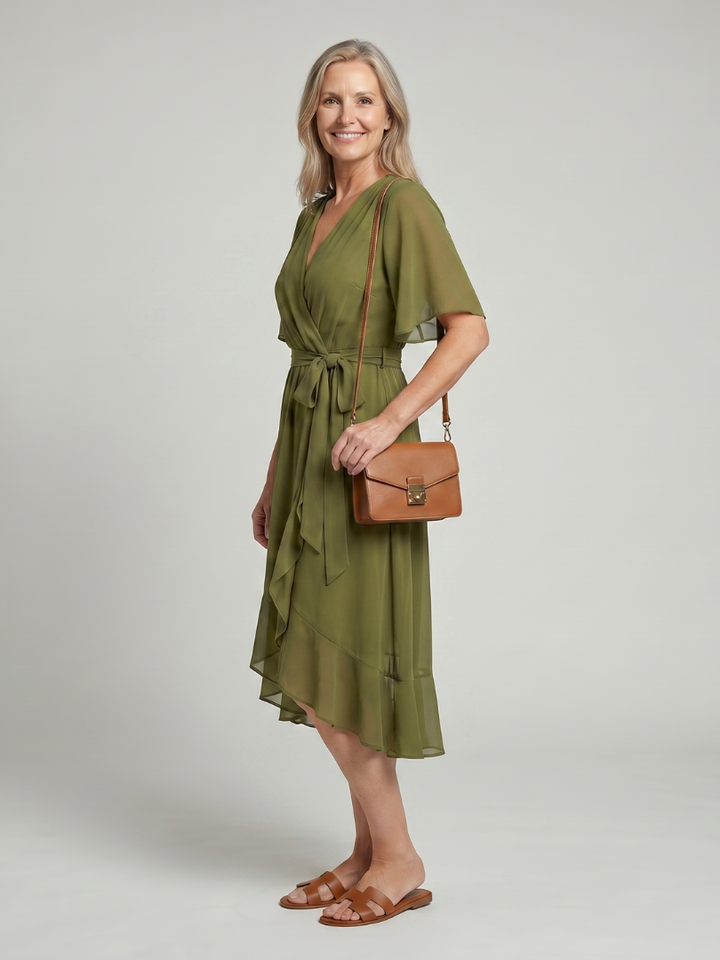 Keziah | Midi-Kleid mit kurzen Ärmeln und fliessendem Saum