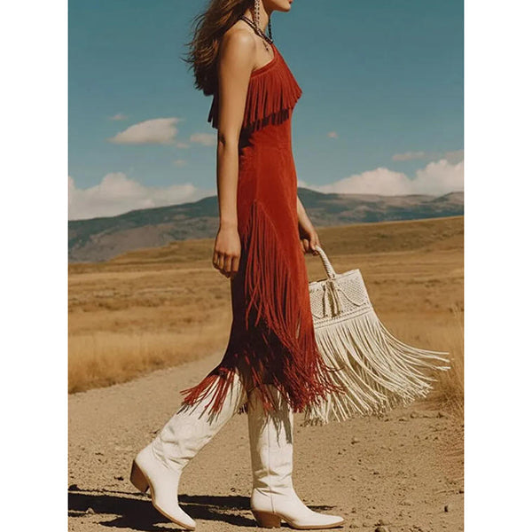 Anika | Damen Western-Boho-One-Shoulder-Kleid mit Fransen – Asymmetrisches, tailliertes Midi-Kleid aus Kunstvelours