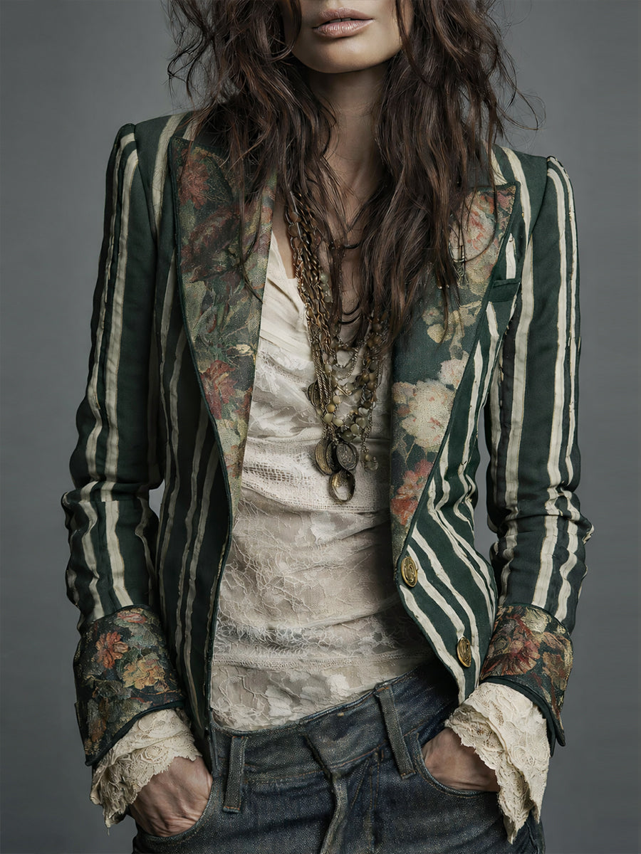 Cindy | Boho Blazer mit floralen Details und Streifen