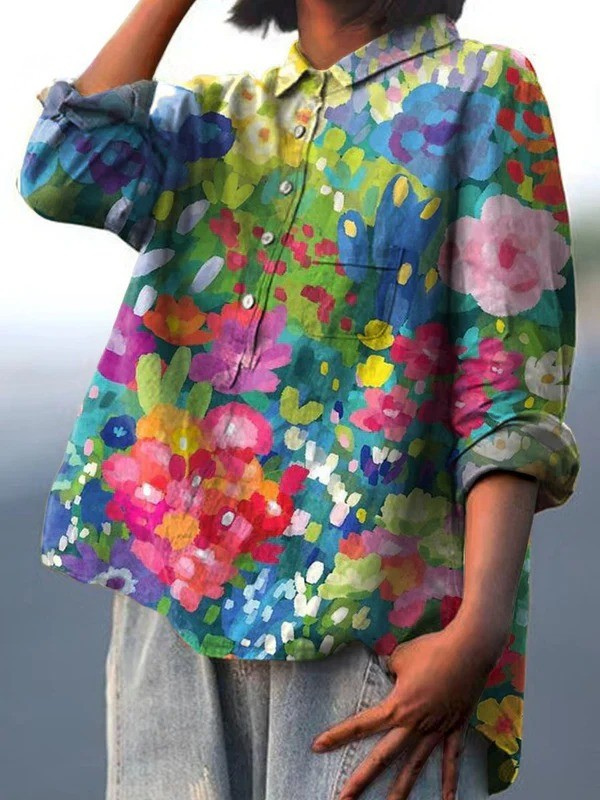 Jasimne | Damen Vintage Hübsches Floral Kunstdruck Lässiges Shirt