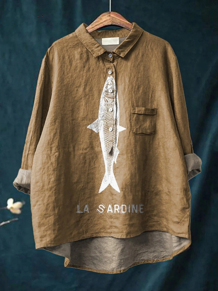 Faye | Sardinenfisch Grafik Bedrucktes Damen Casual Shirt