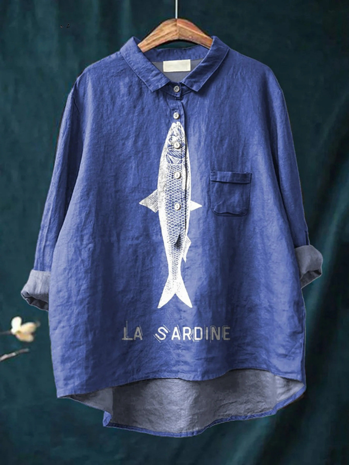 Faye | Sardinenfisch Grafik Bedrucktes Damen Casual Shirt