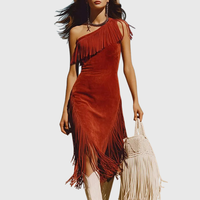 Anika | Damen Western-Boho-One-Shoulder-Kleid mit Fransen – Asymmetrisches, tailliertes Midi-Kleid aus Kunstvelours
