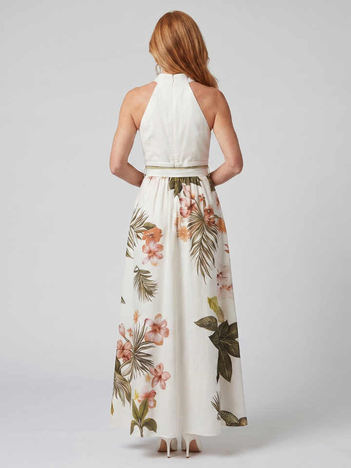 Wiese | Drapiertes Halfter Botanisches Panel Maxikleid
