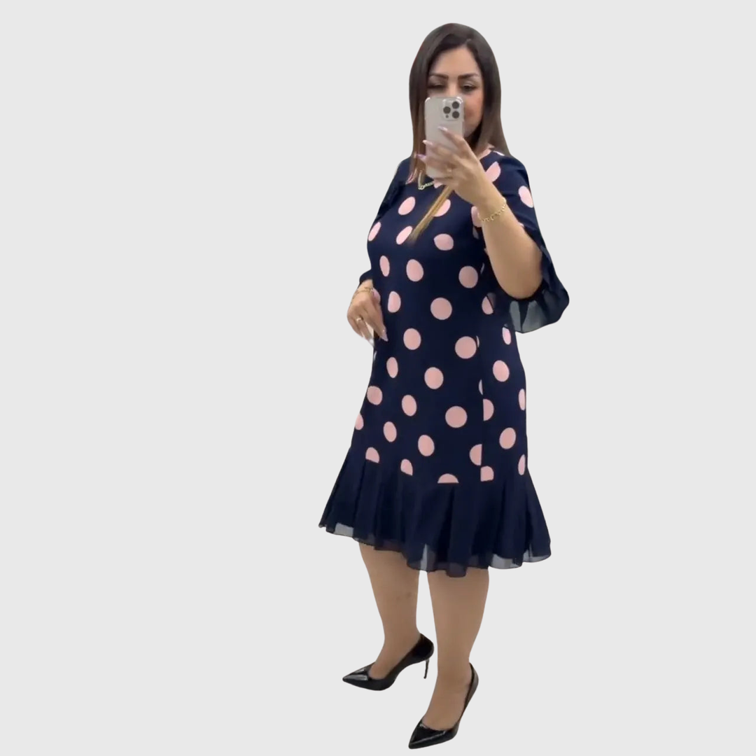 Odette | Weiches Polka Dot Kleid mit ausgestelltem Rüschensaum Navy Pink