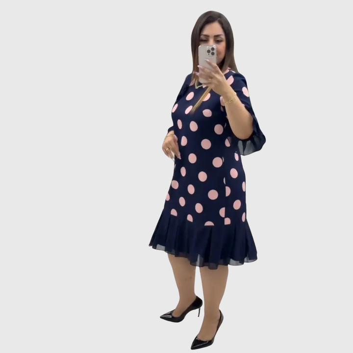 Odette | Weiches Polka Dot Kleid mit ausgestelltem Rüschensaum Navy Pink