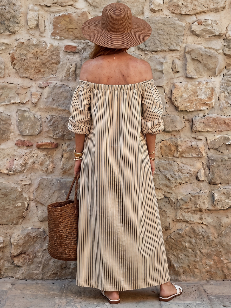 Vika | Off-Shoulder Midi-Kleid mit vertikalem Streifenmuster